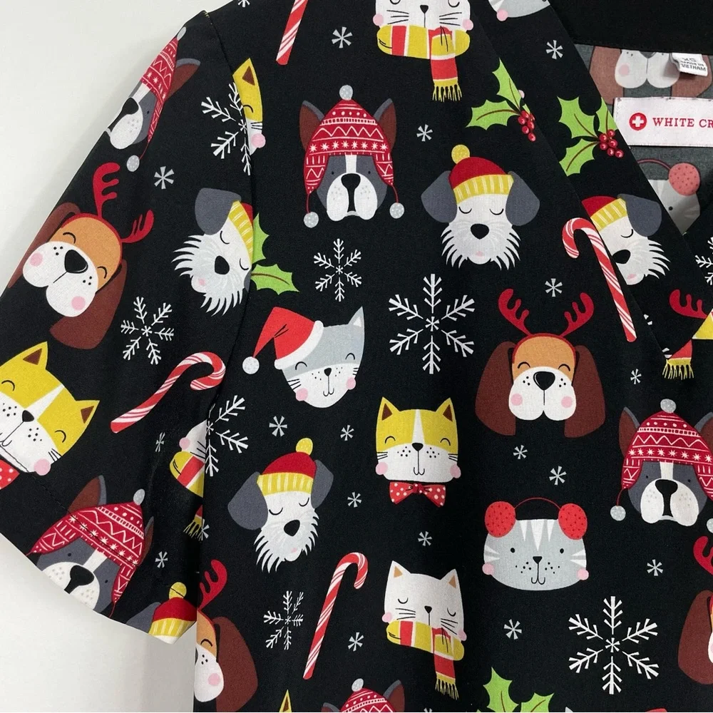 White Cross Christmas Pets Scrub top Sz XS - Picture 2 of 6